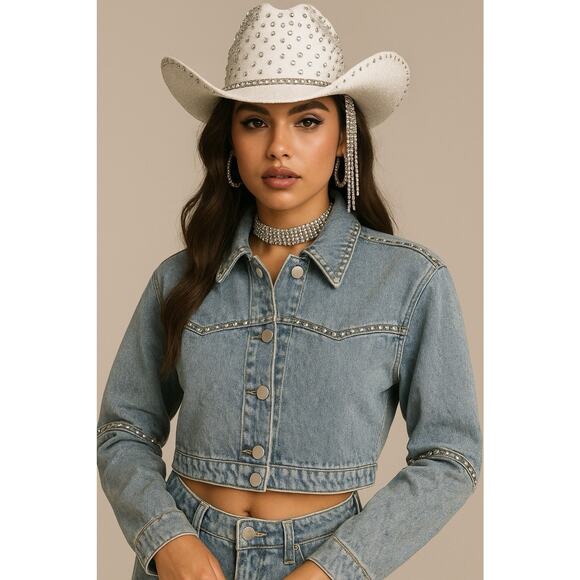 lc lizette collection Denim Bling Cropped Jacket Barrel Sleeve M - Picture 1 of 5